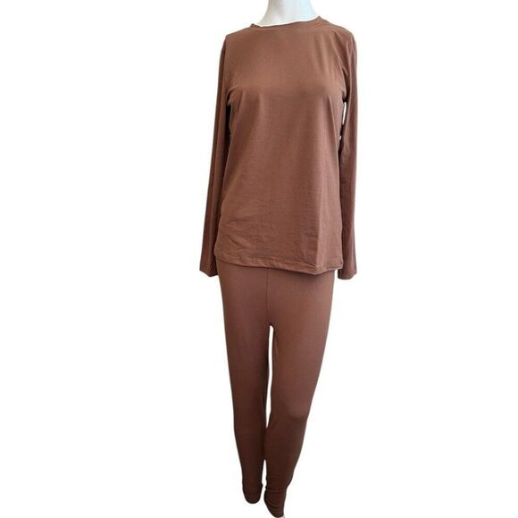 Womens XL Round Neck Long Sleeve Top and Leggings Set Stretch Brown New - Picture 1 of 9